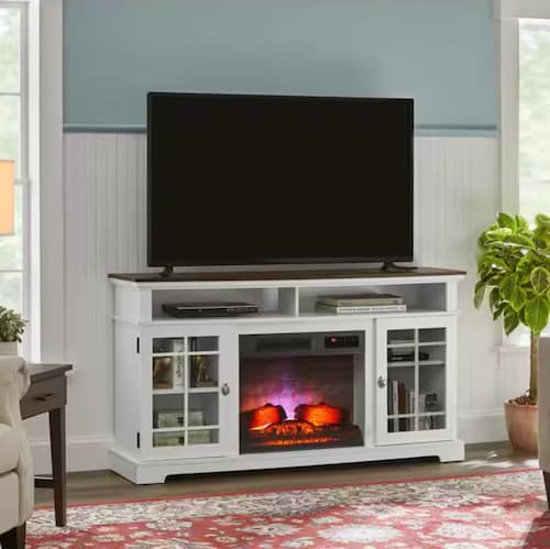 Canteridge 60 in. Freestanding Media Console Electric Fireplace TV Stand in White with Brown Top